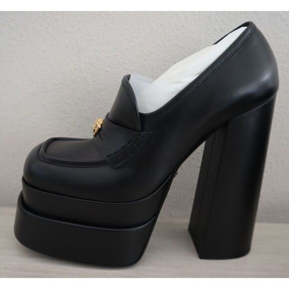 VERSACE WMN Sz 40 US 8.5 Black Mocassino Vitellino Leather High Heel Pumps - Picture 6 of 16